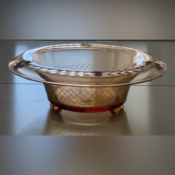 Large Vintage Floral Amber Depression Glass Console Bowl - Picture 9 of 12